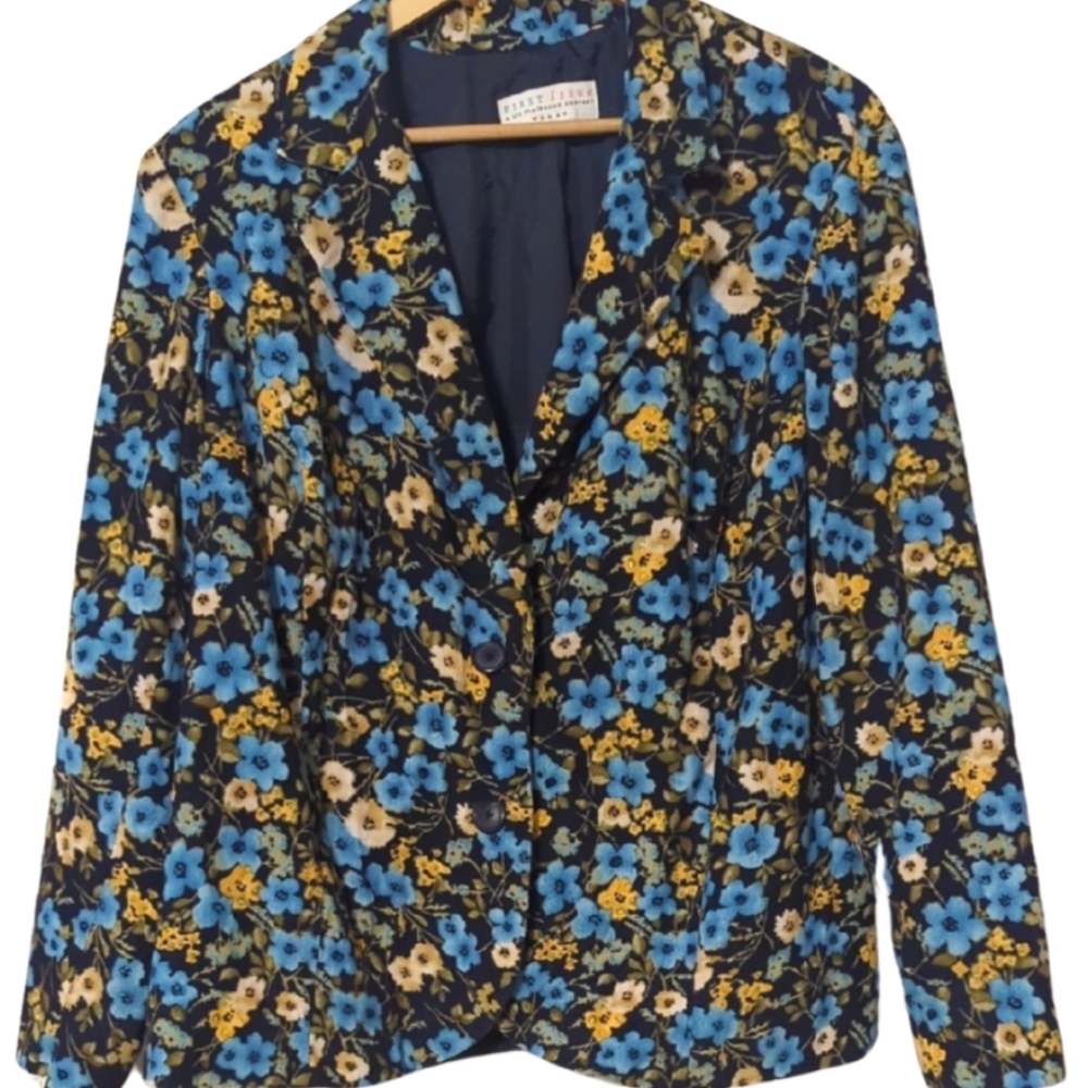 Coquette Retro Floral Blue and Yellow Corduroy Women's Blazer Easter Jacket